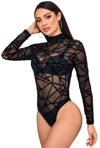 BALAYSIER Semi-trasparente Body Donna Maniche Lunghe Body Sexy Elevata Elasticità Bodysuit per Party e Rave(Striscia nero,S)