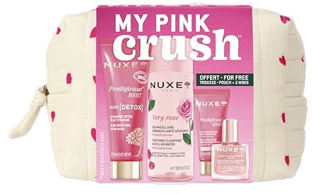 NUXE My Pink Crush, MES ESSENTIELS PINK, Coffret Voyage avec Masque Détox, Eau Micellaire Very Rose, Huile Prodigieuse, Gel-Crème Multi-Correction, Trousse Format Avion