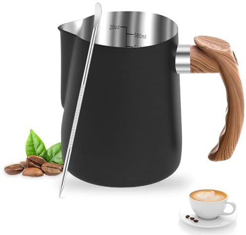 Sesaver 600ML Stainless Steel Milk Frothing Pitcher, Milk Frother Jug Milk Pitcher Cup with Latte Decorating Art Pen and Plastic Wood Grain Handle for Making Latte Coffee Art Cappuccino(1 Black 600ML)