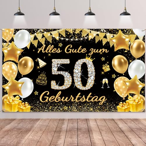 50. Geburtstag Deko Banner Frauen Männer - Schwarz Gold Alles Gute zum 50 Geburtstag Hintergrund Banner, Große Geburtstagsbanner für 50 Jahre Geburtstagsdeko 180 x 110cm