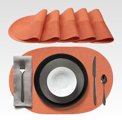 AGYO Lot de 6 Sets de Table ovales tressés 44 × 29,5 cm - Placemat en PP Orange Terre, antidérapant, Lavable et Enroulable - Design élégant pour Table, Cuisine et extérieur