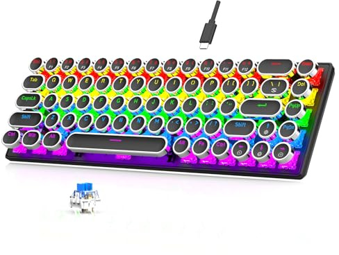 Tosuny 60% Mekaniskt Speltangentbord, Retro Skrivmaskin Tangentbord med RGB -bakgrundsbelysta, 68 Tangenter Mini Kabelbundna Kontorstangentbord med blå Switch, Runda Tangentkapt, för (Black)