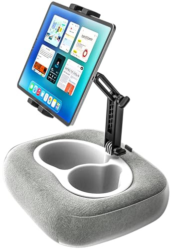 YOOZ Pillow Tablet Holder Stand, 360°Adjustable Tablet Pillow Mount for Bed Lap Desk [Soft Skin-Friendly Fabric] fit for iPad, Galaxy Tab, Kindle, Fire, Phone, 4-13 (Detachable Washable, Gray)