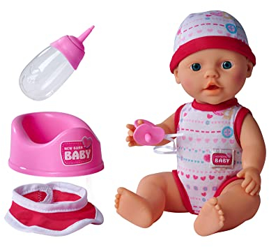 Simba 105037800 - New Born Babyset, 2-fach sortiert, es wird nur ein Artikel geliefert, Vollvinylpuppe mit Trink- und Nässfunktion, Schnuller, Flasche, Topf und Lätzchen, 30cm, ab 3 Jahren