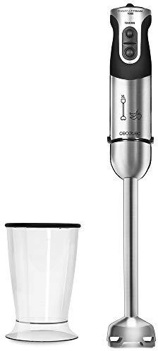 Cecotec Batidora de Mano Powerful Titanium 1000. 1000 W, Pie Extralargo, 4 Hojas con Recubrimiento de Titanio, 21 Niveles y Turbo, Incluye Vaso de 500 ml con tapa, Libre BPA, Acero/Negro