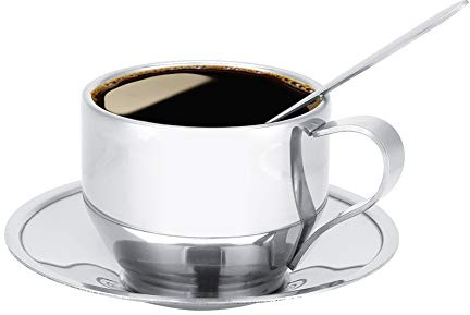 Juego de tazas de café de acero inoxidable, taza de café aislada de doble pared, Espresso europeo, Latte, capuchino, taza de leche con platillo y cuchara