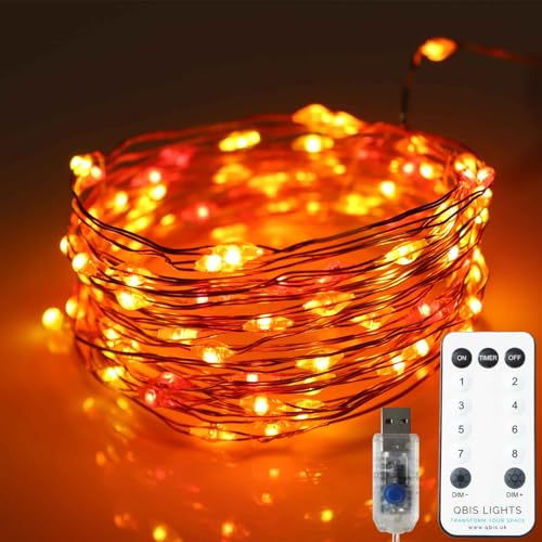Qbis USB Christmas Lights, 100 Micro LED Fairy String Lights, Thin Copper Wire, Remote Control, USB Plug, Timer, Multi Function, Adjust Brightness, Fireplace Lighting (Sunset (Red, Orange, Yellow))