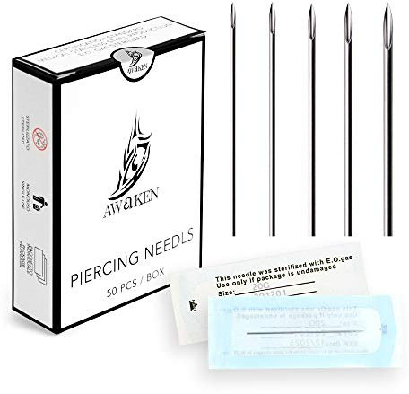 AWAKEN Aiguilles de Piercing Body Piercing stériles pour Accessoires de Tatouage de Langue de Nombril d'Oreille de Nez 50 pièces 20G