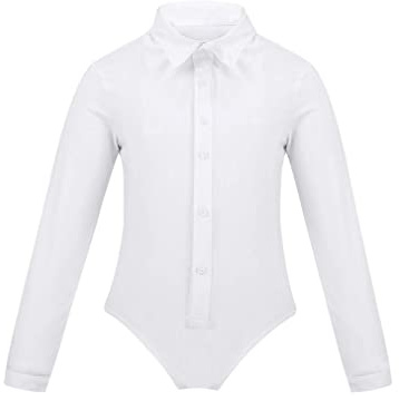 FEESHOW Kids Boys One-Piece Latin Jazz Dance Leotard Lapel Long Sleeves Button Down Shirt Romper Jumpsuit White 8 Years