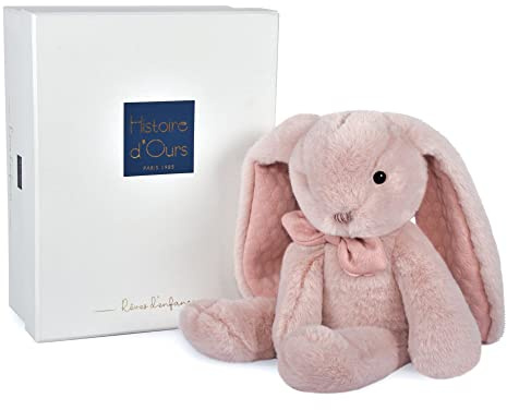 HISTOIRE D'OURS - Peluche Doudou Lapin - Rose - 30 cm - Collection Preppy Chic - Idée Cadeau Enfants ou Naissance pour Bébé - Doudou Très Doux & Elégant - Avec Boite Cadeau - HO3136