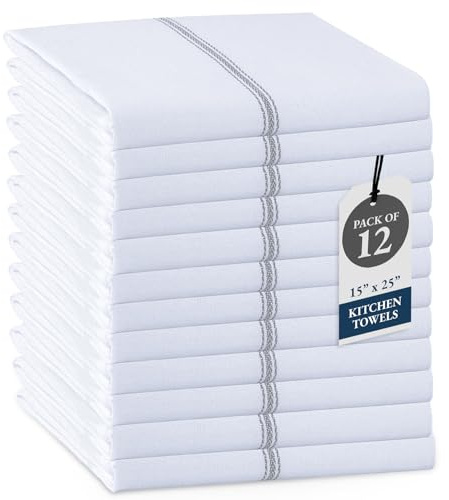 LANE LINEN Kitchen Hand Towels, 12 Pack Dish Towels for Kitchen Drying, 100% Cotton Super Absorbent Tea Towel, Quick Dry, 14x25, Useful for Cleaning Countertops, Durable for Daily Use - Grey Stripe
