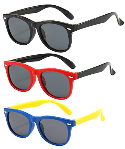 FANNYGO 3 Pack kids sunglasses for Boys and Girls Kids Polarized Sunglasses For Boy Girl Age 3-11 (Black+blue+red)