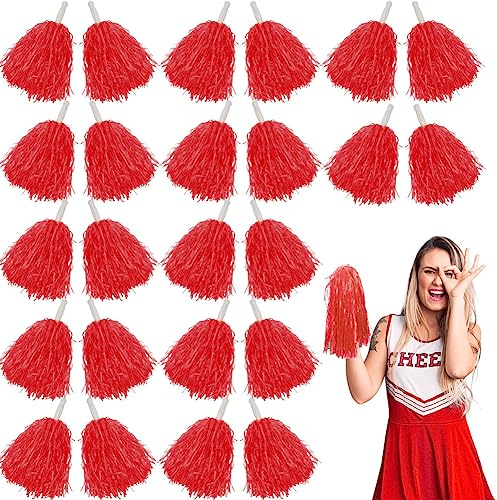 Lovecheer 24PCS Red Pom Poms Cheerleading with Handle for New Year 2026 Christmas Party Basketball Football Sports Spirits Dance Performance