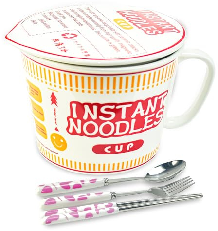 LIMITADA Bol à Ramen avec Couvercle Bol Ramen 1000 ml Bol Ramen Céramique Bol de Nouilles Instantanées Ramen Bol Soupe Ramen Grand Bol Ramen Micro Onde avec Fourchette Baguettes Cuillère pour Cuisine