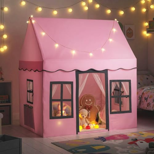 COSTWAY Tienda campaña Infantil, Casa de Actividad para Niños con Luces de Estrellas, Alfombra Lavable Antideslizante, Cortina de Malla para Interior y Exterior, Tipi Infantil de Más de 3 Años (Rosa)