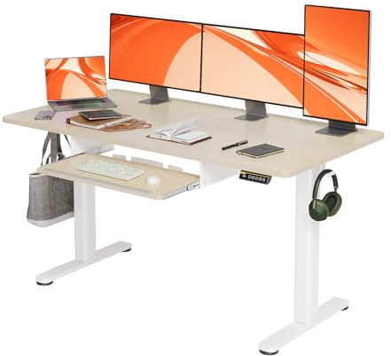 Claiks Schreibtisch Höhenverstellbar Elektrisch mit Tastaturablage, 140 x 60 cm Elektrischer Schreibtisch,Höhenverstellbarer Schreibtisch Computertisch mit Memoryfunktion,Standing Desk,Beige