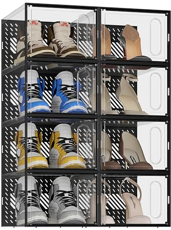 JOISCOPE Schuhaufbewahrungsboxen, 8 Stück durchsichtige & stapelbare Kunststoff-Schuhboxen mit magnetischer Tür, Traineraufbewahrung mit Deckel für Damen/Herren, Transparent Schwarz