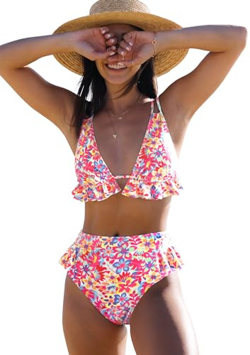 SPORLIKE Women High Waisted Swimsuit Ruffle Bikini Two Pieces Swimwear(Cute Floral,Medium)