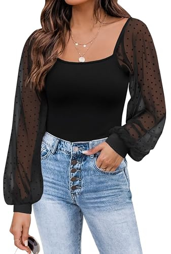 Timuspo Chemisier pour femme, manches bouffantes, coupe ajustée, élégant, en maille côtelée, haut en maille, col rond, t-shirt avec pois polka