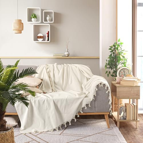 Milam London 100% Cotton Throw For Sofas | Beds | Settees | Bed Throw Double Size | Sofa Throws Large 2 Seater | 200 x 230 cm Cream