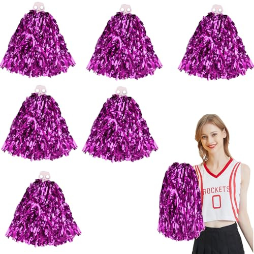 6 Pack Cheerleader Pom Poms, Fluffy Cheerleading Pom Poms Pompoms Cheerleader Metallic Foil Pompoms with Plastic Finger Ring for Kids Adult Team Spirit Sports Party Dance Cheering (Rose Red)