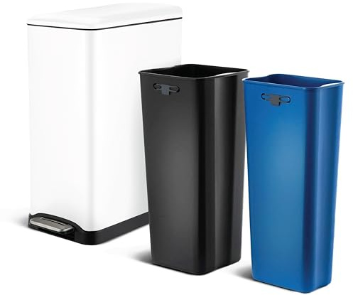 Home Zone Living 13 Gallon Slim Kitchen Trash Can with Dual Compartments for Recycling, Stainless Steel, White, 50 Liters Total