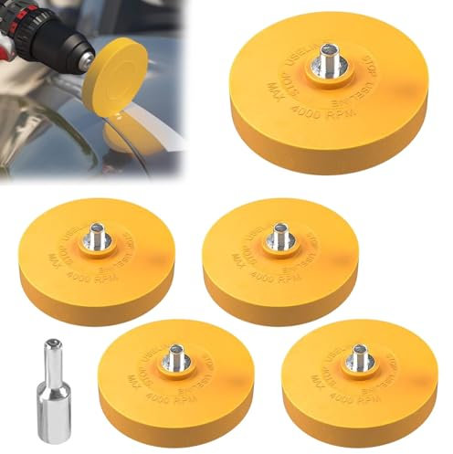 5 x Folienradierer Set mit 1x Adapter zum Professionellen Entfernen von Folien und Kleberesten am Fahrzeug, Auto oder Motorrad für Bohrmaschinen, Akku-Schrauber, Geradschleifer(COLOR:Gelb)