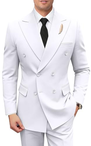 Hipfun Mens Suit 2 Piece Slim Fit Suits for Wedding Prom Business Casual Suits White Prom Tuxedo Double Breasted Suit Jacket Pants M