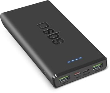 SBS PowerBank 10K FAST, 10000mAh, 22.5W Power Delivery (PD 3.0 PPS), Power Bank con Ricarica Rapida, LED di Carica, USB-C, USB-A, Caricabatterie Portatile da Viaggio, Design Compatto, Nero