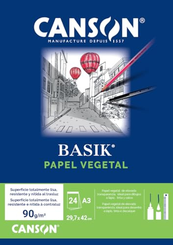 Canson Basik Vegetal, blocco incollato, 29,7 x 42 cm, A3, 24 fogli, 95 g, trasparente