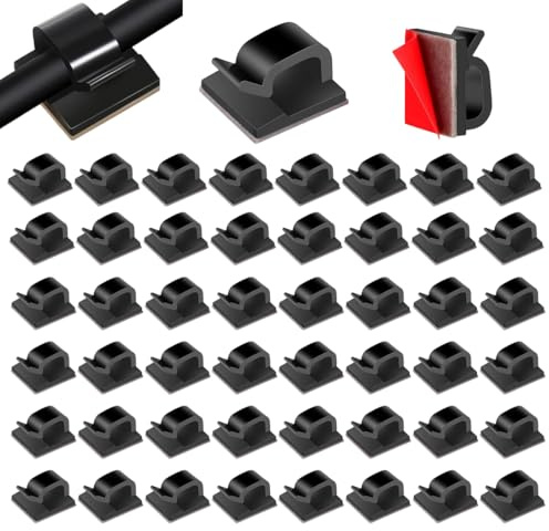 50 Pezzi Fermacavi,Clip per Filo per Luce da Esterno Ganci,Fermacavi Adesivi, Organizzatore dei Ferma Cavi Scrivania Regolabile,per Luce Fata, Muro, Ufficio, Caricabatterie, Auto (Nero)