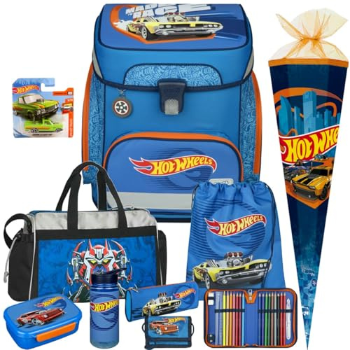 Pridera Scooli Schulranzen 1.Klasse Jungen Hot Wheels Auto EasyFit Schulranzen-Set 11tlg. mit Sporttasche Brustbeutel Brotdose Trinkflasche, passend dazu Schultüte Hot Wheels Auto gratis