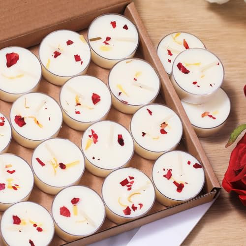 48Pcs Rose Scented Tealight Candles, Palm Wax White Tea Lights, 4h Long Burning Tea Light Candles with Dried Flowers for Holiday, Wedding, Spa, and Home Decoration