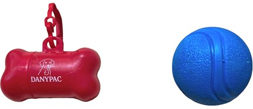 DANYPAC Dispensador de Bolsas Caca Perro + Pelota de Goma Duradera y Resistente - Kit Paseo Perro 2 Piezas (Rojo, Grande)