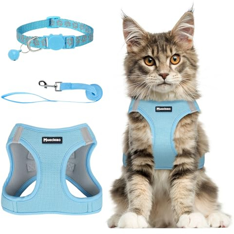 Muecleao Imbracatura per gatti, imbracatura regolabile con guinzaglio per gatti, pettorina morbida per gatti, antieruzione, regolabile, gilet per gatti (blu, XXS)