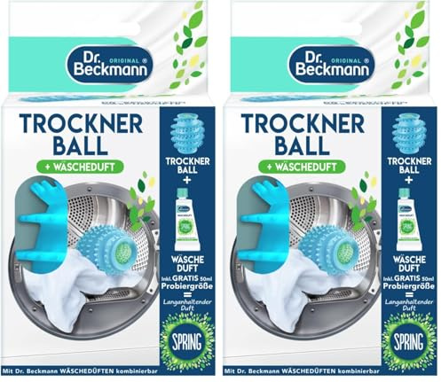 Dr. Beckmann Trocknerball | Für frische und kuschelig-weiche Wäsche | Mit Wäscheduft befüllbar | Verkürzt die Trockenzeit | inkl. Gratis-Probe Spring | 50 ml (Packung mit 2)