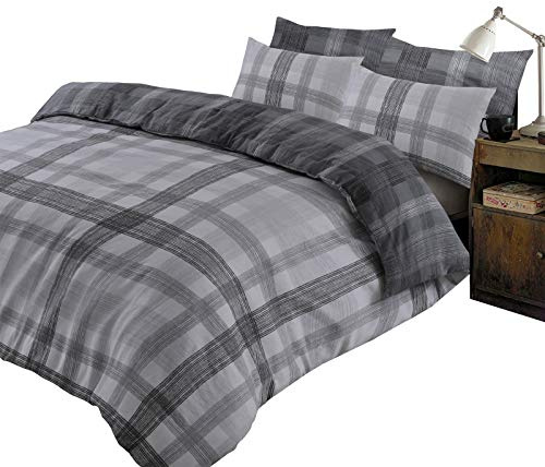 Dreamscene Boston 100% Brushed Cotton Duvet Cover with Pillow Case Flannelette Thermal Tartan Check Bedding Set, Chracoal Grey Silver - Double