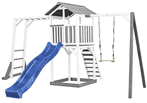 AXI Beach Tower Spielturm aus Holz in Weiß & Grau | Spielhaus für Kinder mit Blauer Rutsche, Klettergerüst, Schaukel und Sandkasten | Stelzenhaus für den Garten
