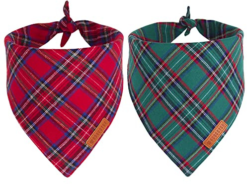 ADOGGYGO Christmas Dog Bandana 2 Pack, Stylish Plaid Pet Scarf, Premium Cotton Fabric, Multiple Sizes Offered, Christmas Bandanas for Medium Large Dogs Pets (Large)