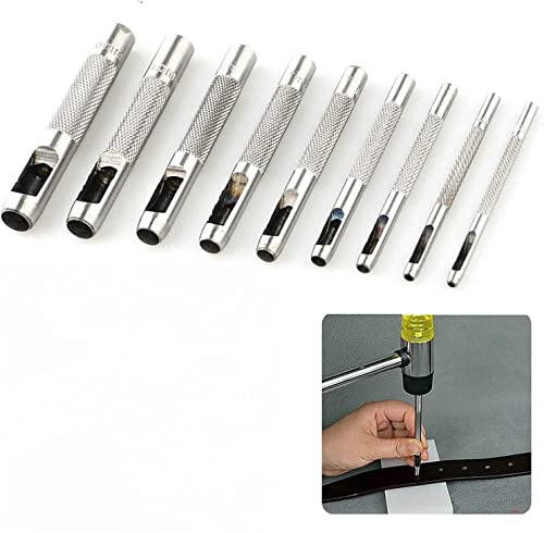 Set Fustelle Punzoni per Bucare Cuoio, Pelle, gomma, cartone, guarnizione, plastica, carta, cartone, Craft, tessuto e altri materiali morbidi 9 Pezzi dimensione del punzone da 2,5mm a 10,0mm
