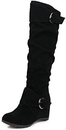 Bottes Hautes Rétro À Talons Compensés,Boots Élégantes À Tige Longue for Femmes Avec Boucle,bottes Chaudes À Enfiler En Daim D'hiver,Boots De Neige En Plein Air,chaussures De Fête ( Color : Black , Si