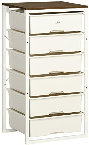 HOMCOM Bedroom Chest of Drawers, 6-Drawer Dresser, Tall Storage Drawer Unit with Steel Frame for Living Room, White