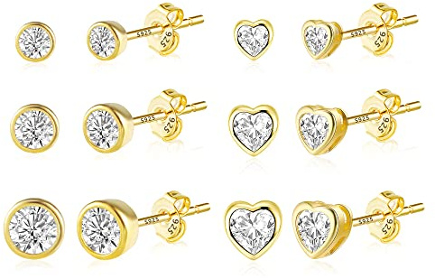 ASH'S CHOICE Kit Clous Créoles Boucles d'Oreilles Femme Or Argent Zircone | Hypoallergénique Kit Clous Créoles Or Argent Plaqué 14K Zircone Strass Lisse Cœur Étoile Lune Piercing Bijoux Cadeaux Femme