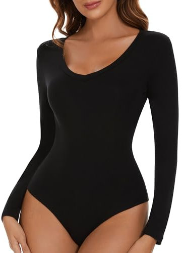 SHAPERIN Damen Body Langarm V-Ausschnitt Bodysuit Langarmshirt Damenbody Tanga Long Sleeve Bodysuits V Neck Tops Unterziehbody Schwarz XXL