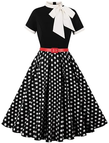 Wellwits Robe de cocktail formelle vintage des années 50 à pois pour femme, Noir , L
