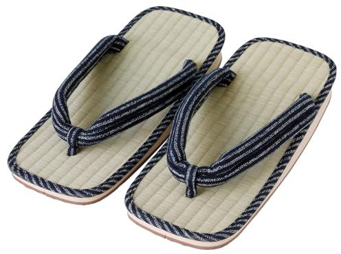 Asayu Japan Sandales Traditionnelles Japonaises en Igusa, Fabriquées au Japon, Tatami Zori, Absorbantes et Résistantes aux Odeurs - Rayures Bleues, Taille Homme EU 40 à 43.