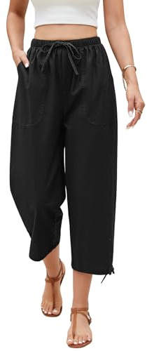 Niwicee Pantalones Mujer Verano Pantalon Lino de Algodón Casuales Pantalón 3/4 Pantalones con Cordón Bolsillos Flojo Playa Pantalones de Anchos Mujer Ligeros y Cómodos (Negro, XL)