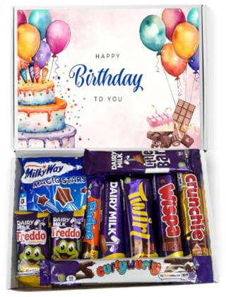 QLV Happy Birthday Chocolate Gift Box. Letterbox Friendly Hamper. Birthday Gifts For Men and Women. 10 full Size Milk Chocolate Bars In A Chocolate Selection Box.
