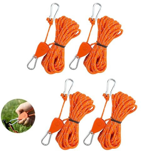 4 corde di tensionamento con tendicavo da 4 m, cricchetto regolabile con gancio, riflettenti, corde di tensionamento leggere, 4 mm, corda di tiraggio, corda antivento per tende da campeggio