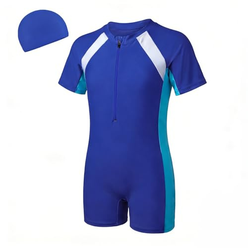 FILOWA Costume Piscina Ragazzo Ragazza Maniche Corte Costume Intero Costume da Bagno con Cuffia Bambino Asciugatura Rapida Cerniera Costumi da Bagno Estivo Spiaggia per Adolescenti 11-12 Anni, Blu